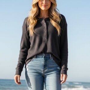 Nordstrom Waffle Weave Cloud Soft Fleece Henley Black Top Women’s XL NEW